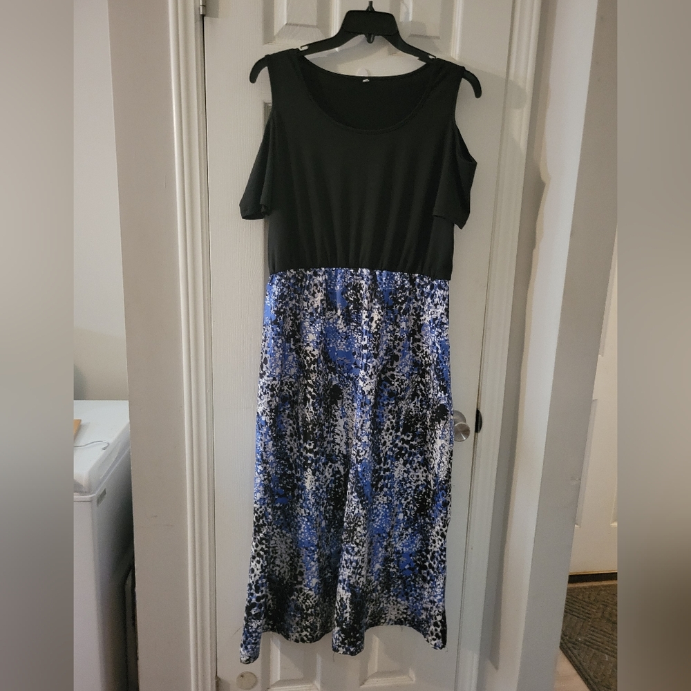 Black Cold-Shoulder Maxi Dress with Blue Patterned Skirt
